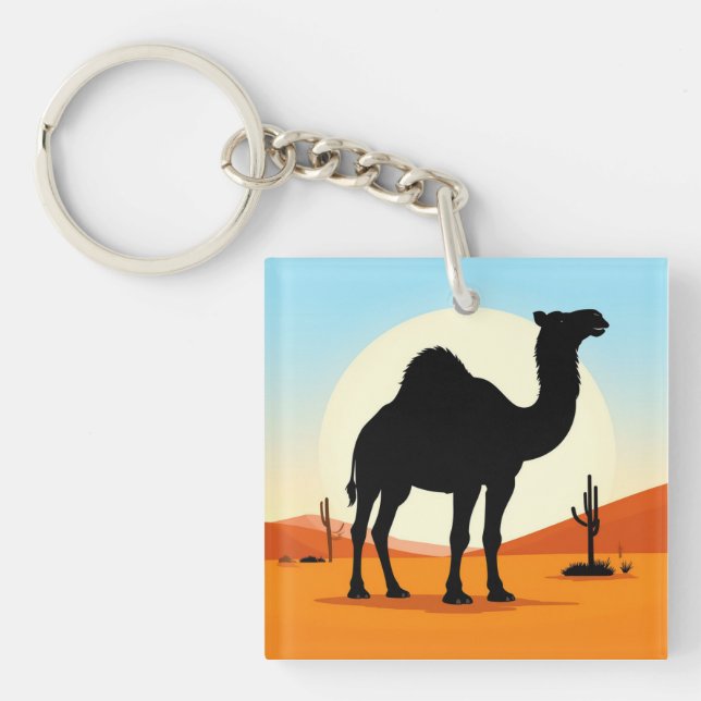 Camel Silhouette in Desert Sunset Landscape Key Ring (Front)