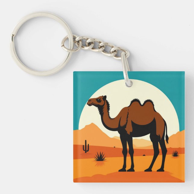 Camel Silhouette in Desert Sunset Landscape Key Ring (Front)