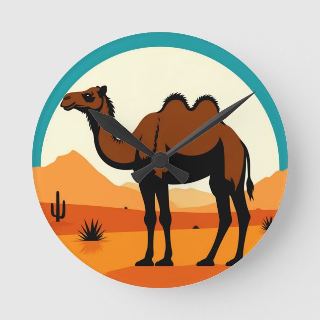 Camel Silhouette in Desert Sunset Landscape Round Clock (Front)