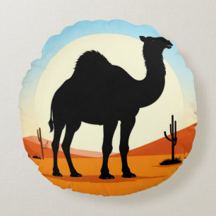 Camel Silhouette in Desert Sunset Landscape Round Cushion