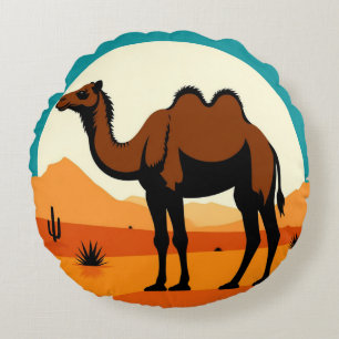Camel Silhouette in Desert Sunset Landscape Round Cushion
