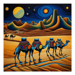 Camel train at night poster