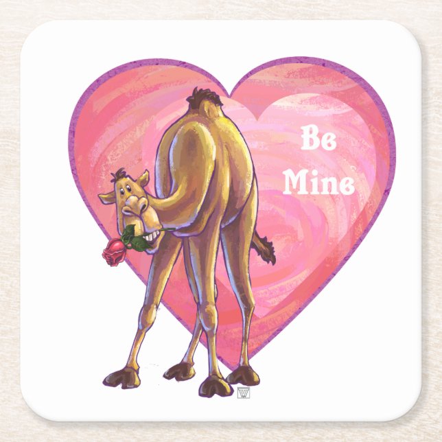 Camel Valentine's Day Square Paper Coaster (Front)