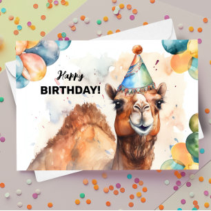 Camel with Balloons and Party Hat Happy Birthday Card