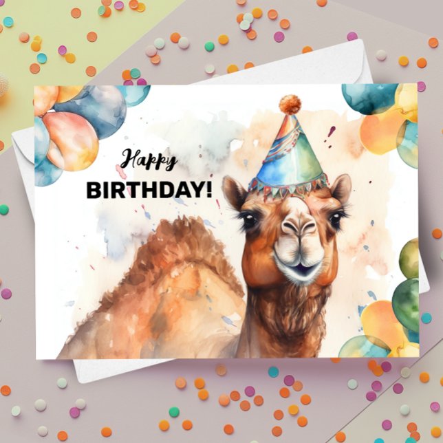 Camel with Balloons and Party Hat Happy Birthday Card (Creator Uploaded)
