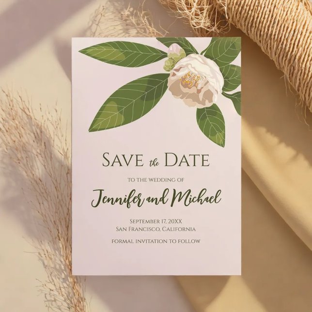 Camellia and Greenery Simple Elegant Save the Date Invitation (Camellia and Greenery Simple Elegant Save the Date Invitation)