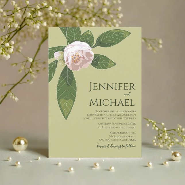 Camellia and Greenery Simple Elegant Wedding Invitation (Camellia and Greenery Simple Elegant Wedding Invitation)