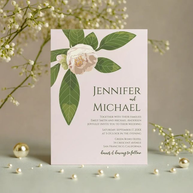 Camellia and Greenery Simple Elegant Wedding Invitation (Camellia and Greenery Simple Elegant Wedding Invitation)