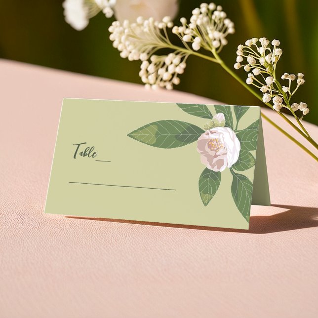 Camellia and Greenery Simple Elegant Wedding Place Card (Camellia and Greenery Simple Elegant Wedding Place Card)