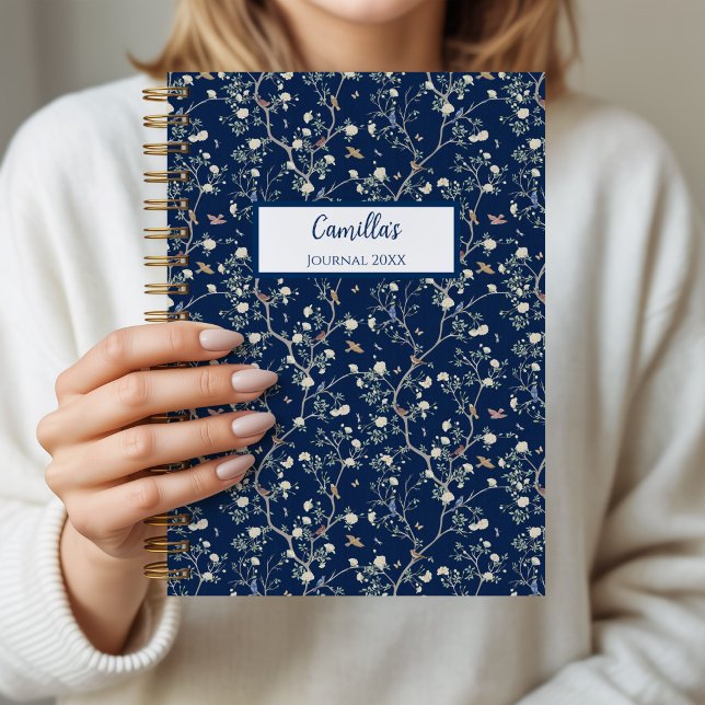 Camellia Flower Navy Personalised Journal Notebook (Camellia Garden Navy Notebook)
