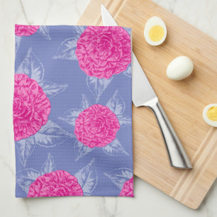 Camellia flowers and leaves ink sketch pink blue tea towel