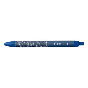 Camellia Flowers Navy Blue Custom Name  Black Ink Pen