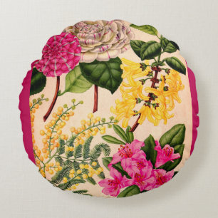 camellia, forsythia, rhododendron and acacia round cushion