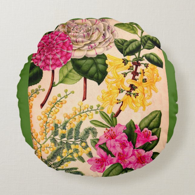 camellia, forsythia, rhododendron and acacia round cushion (Front)