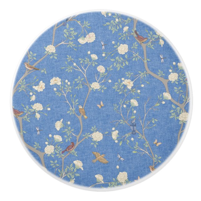 Camellia Garden Breeze Blue Chinoiserie  Ceramic Knob (Front)