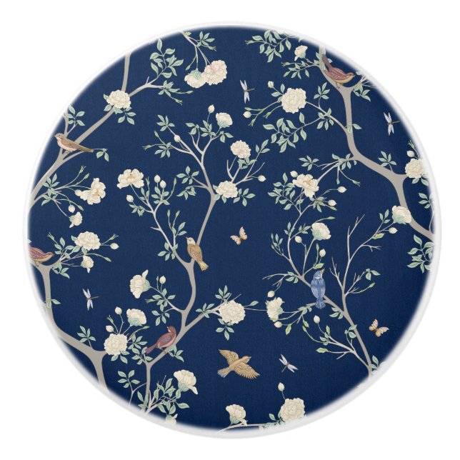 Camellia Garden Navy Blue Chinoiserie  Ceramic Knob (Front)