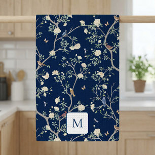 Camellia Garden Navy Blue Mongrammed Tea Towel