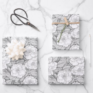 Camellia in Black and White Wrapping Paper Sheet
