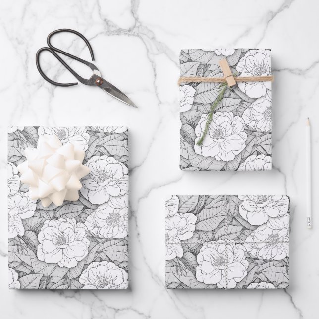 Camellia in Black and White Wrapping Paper Sheet (Front)
