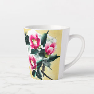 Camellia in snow painted in sumie technique latte mug