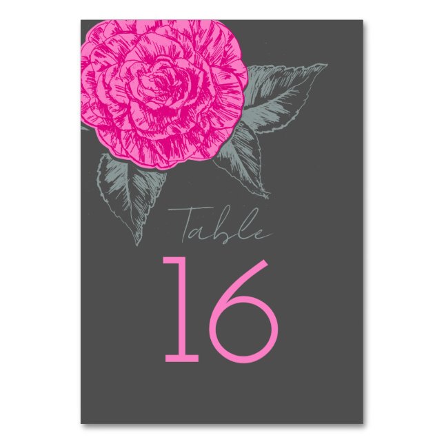 Camellia inked art pink grey wedding table numbers (Front)