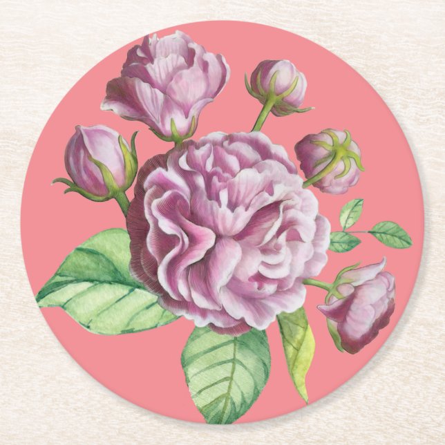 Camellia Rose Garden Flowers Round Paper Coaster (Front)