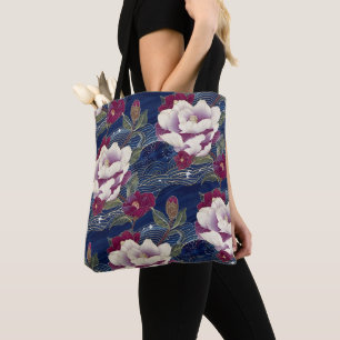 Camellias on Dark Blue Tote Bag