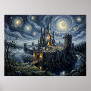 Camelot Starry Night Mediaeval Landscape Poster