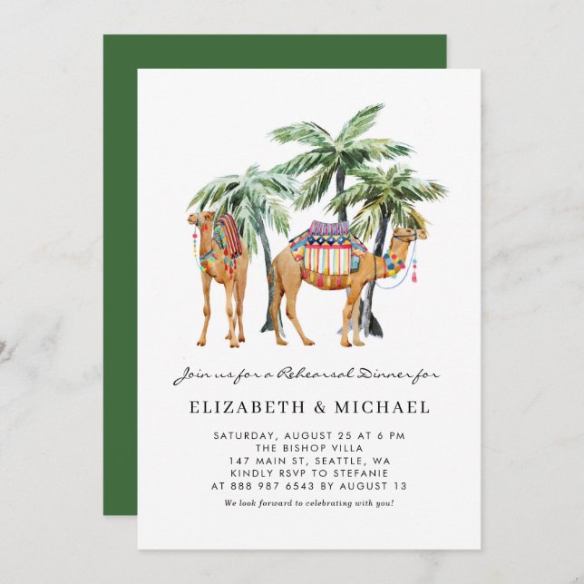 Camels and Palm Trees Summer Rehearsal Dinner Invitation (Front/Back)