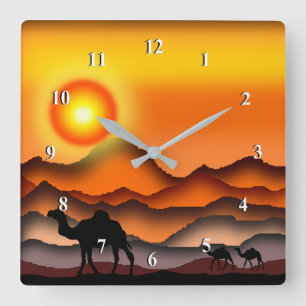 Camels at Sunset Desert Wall Clock - Painting Art