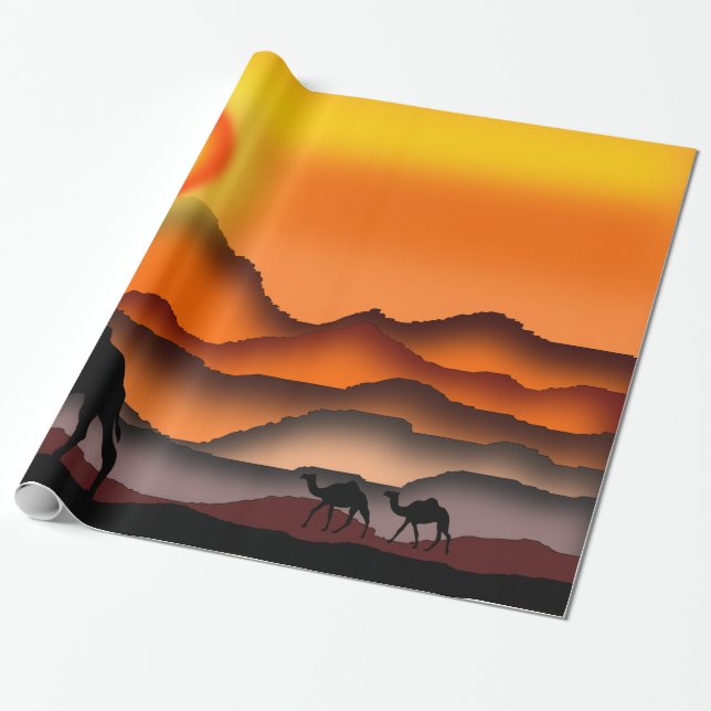 Camels At Sunset Desert Wrapping Paper (Unrolled)