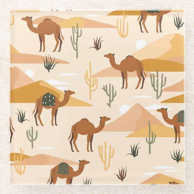 Camels Dunes Cacti: Desert Seamless Glass Coaster (Front)