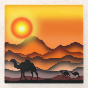 Camels In Beautiful Desert Sunset - Painting Glass Coaster