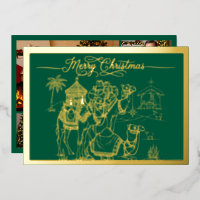 Camels, Manger, Merry Christmas in Green, Gold