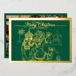 Camels, Manger, Merry Christmas in Green, Gold Foil Holiday Card
