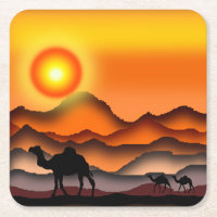 Camels Silhouette in Desert Sunset - Painting