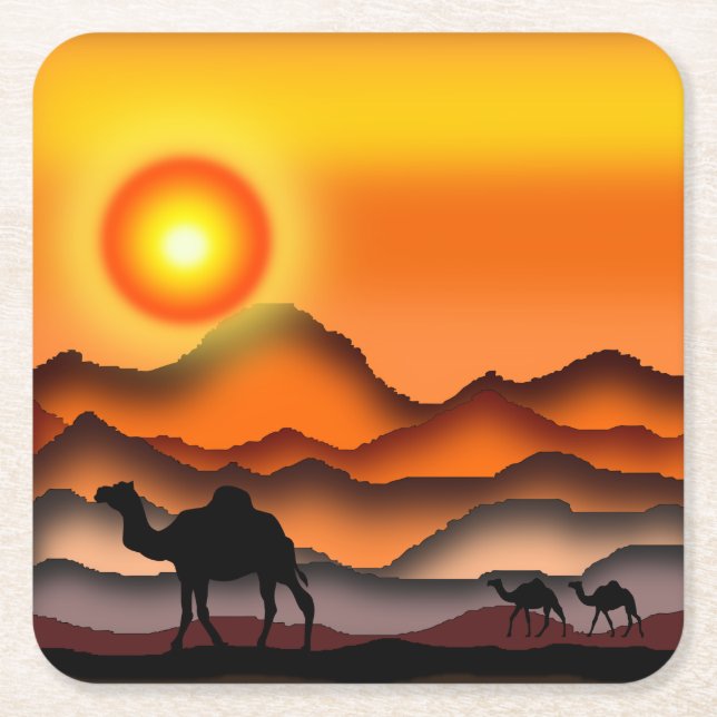 Camels Silhouette in Desert Sunset - Painting Square Paper Coaster (Front)