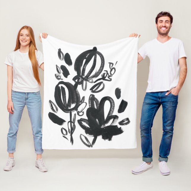 Cameo Bloom - Black and White Fleece Blanket (In Situ)