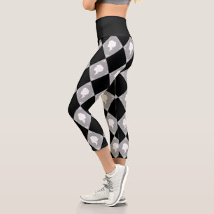 Cameo Harlequin Pattern in Black,White,Grey Capri Leggings