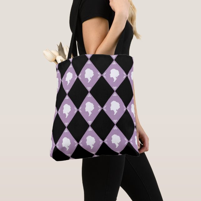 Cameo Harlequins, Lilac, White, Black Tote Bag (Close Up)