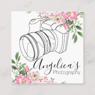 Camera Illustration Flowers and Leaves Square Business Card