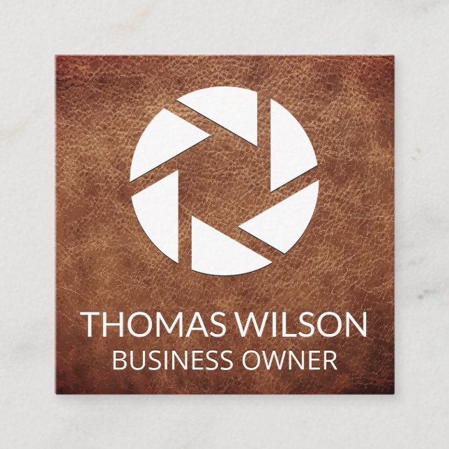 Camera Lens Icon | Leather Background Square Business Card (Front)