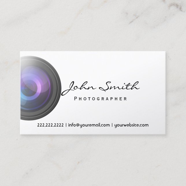 Camera Lens Photographer Pearl White Business Card (Front)