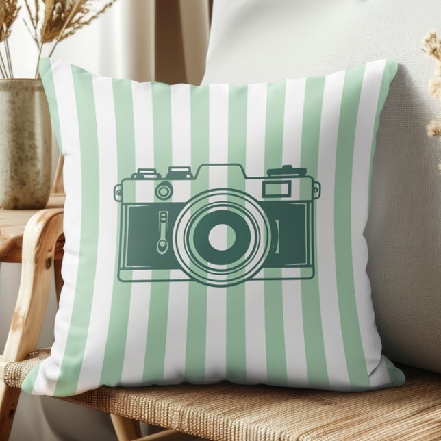 Camera on Sea Green Stripes, Accent Pillow,  Cushion (Creator Uploaded)