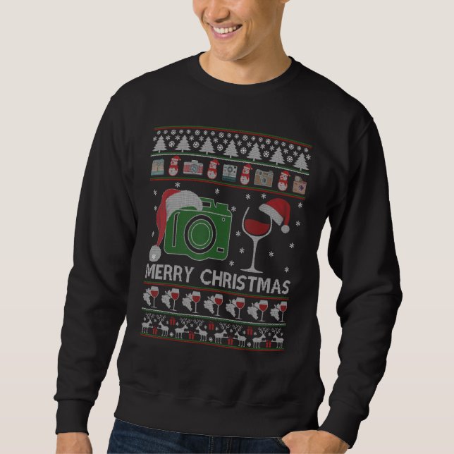 Camera Ugly Christmas Sweater Wine Santa Hat Xmas (Front)