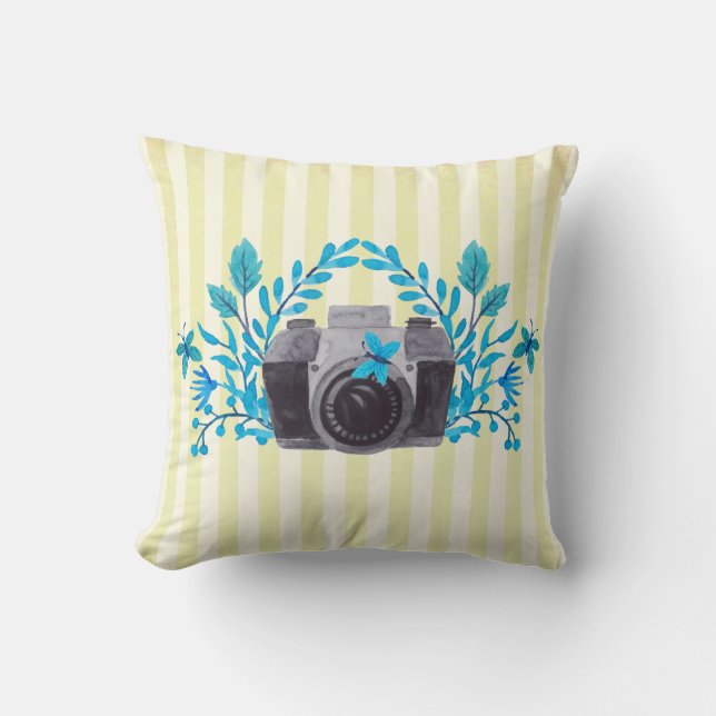 Camera With Azure Blue Leaves And Butterflies Cushion (Front)