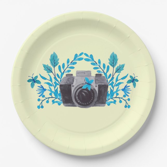 Camera With Azure Blue Leaves And Butterflies Paper Plate (Front)