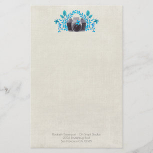 Camera With Azure Blue Leaves And Butterflies Stationery