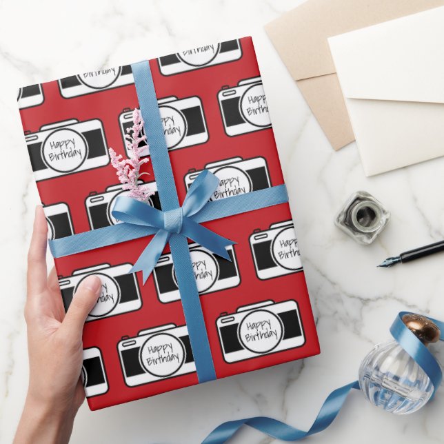 Camera with Birthday Text on Red Wrapping Paper (Gifting)