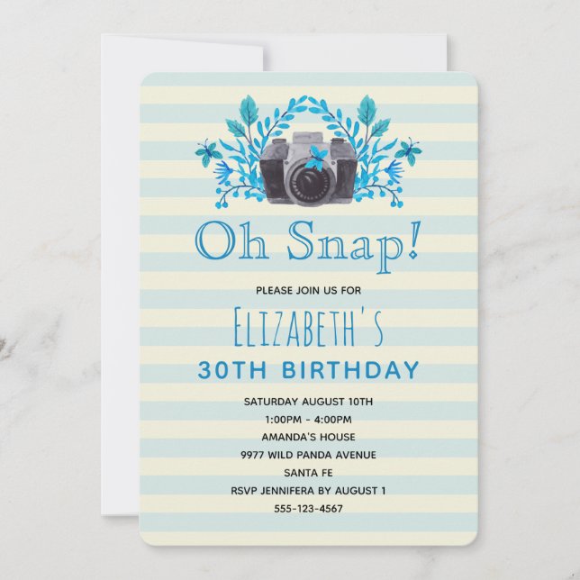 Camera With Blue Leaves And Butterflies Birthday Invitation (Front)